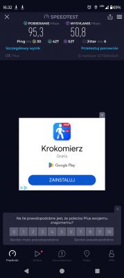 Zrzut ekranu z aplikacji SpeedTest pokazujący wyniki prędkości internetowej dla sieci Plus.