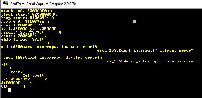 Screenshot of RealTerm showing received UART data with serial transmission errors.