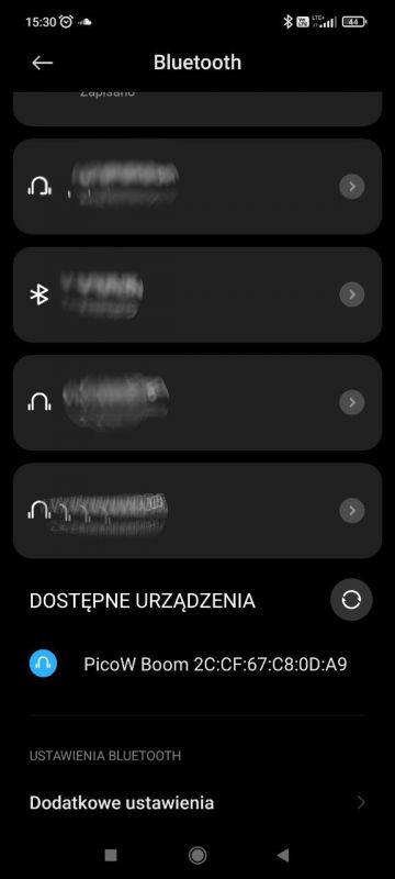 Lista urządzeń Bluetooth z widocznym PicoW Boom