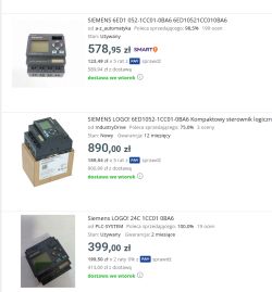 Identyfikacja urządzeń: PLC Siemens LOGO!, zasilacz, moduł rozszerzeń i element u góry