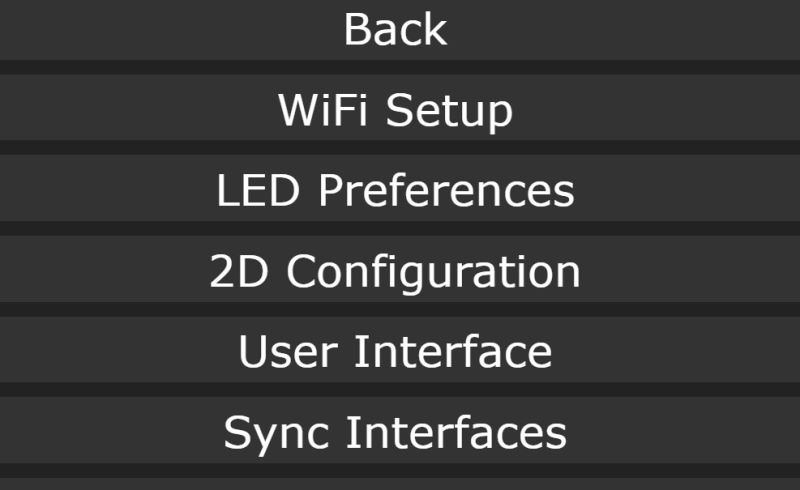 WLED settings menu showing WiFi Setup, LED Preferences, 2D Configuration, and other options