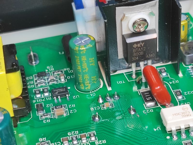 Inside Soldering Station 858 Image of the inside of a soldering station with visible electronic components.