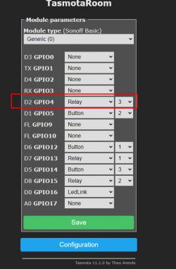 Screenshot of Tasmota configuration with the D2 GPIO4 field highlighted, set as Relay with index 3.