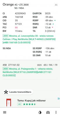 Zrzut ekranu z aplikacji monitorującej sygnały sieci komórkowej Orange w okolicy Mosina, ul. Leszczyńska 38.