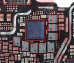 Zbliżenie płyty głównej Xiaomi Redmi Note 11 Pro 5G z zaznaczonymi elementami.