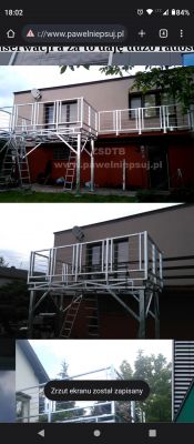 Taras dobudowany do domu: konstrukcja metalowa, profile 100x100x6mm, HEB100, deski kompozytowe