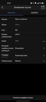 Zrzut ekranu interfejsu dodawania urządzenia w aplikacji kamer.