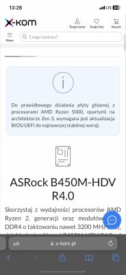 Zdjęcie ekranu strony internetowej z informacją o płycie głównej ASRock B450M-HDV R4.0 i aktualizacjach BIOS.