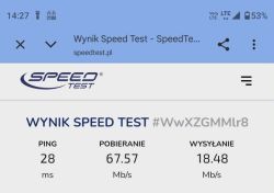 Zrzut ekranu z Speedtest.pl z wynikiem: ping 28 ms, pobieranie 67,57 Mb/s, wysyłanie 18,48 Mb/s.