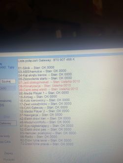Lista błędów diagnostycznych samochodu na ekranie komputera.