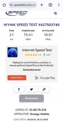Zrzut ekranu wyniku testu szybkości internetu z aplikacji SpeedTest na Orange Mobile.