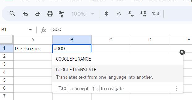 GOOGLETRANSLATE function suggestion in Google Sheets