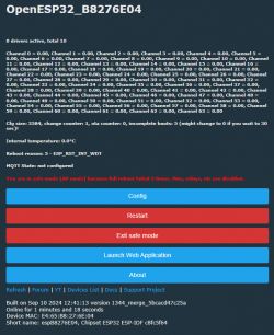 Screenshot of the OpenESP32 web interface in safe mode, showing system status information and configuration buttons.