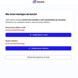 Komunikat z poczty O2 z prośbą o dodanie e-maila i numeru telefonu do konta
