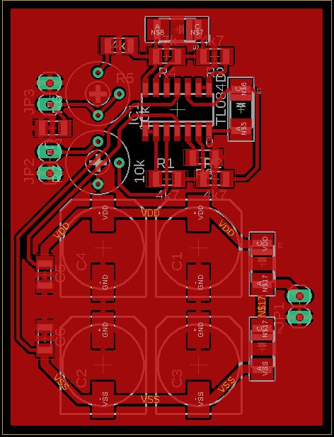 PCB design showing traces, electronic component markings, and connection points.