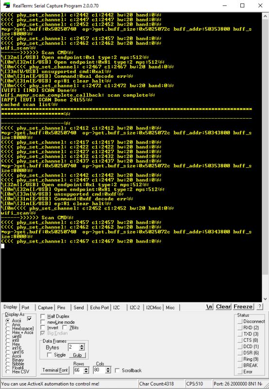RealTerm Program Interface with Serial Communication Screenshot of RealTerm program with serial communication.