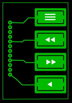 Green PCB diagram with four button icons and traces leading to a left-side connector