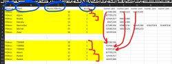 Zrzut ekranu z arkusza kalkulacyjnego Excel z danymi klientów i numerami zamówień w żółtych komórkach.