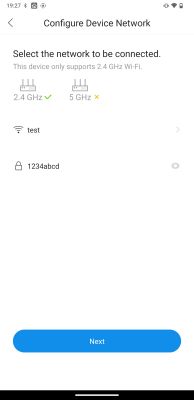 App screen for configuring a device's Wi-Fi; only 2.4 GHz is supported, test network selected, and password field visible.