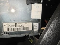 Car radio VW RCD300 nameplate with visible serial number and Blaupunkt manufacturer code.