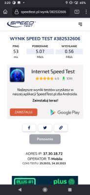 Zrzut ekranu testu prędkości internetu z aplikacji SpeedTest.pl, pokazujący ping 53 ms, pobieranie 5.07 Mb/s i wysyłanie 0.56 Mb/s. Operator: T-Mobile.