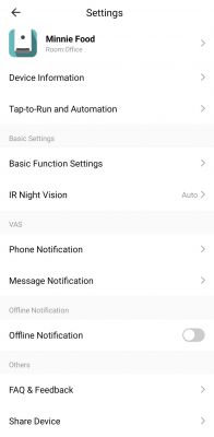 Screenshot of the Tuya mobile app settings for a device named Minnie Food in the Office room.