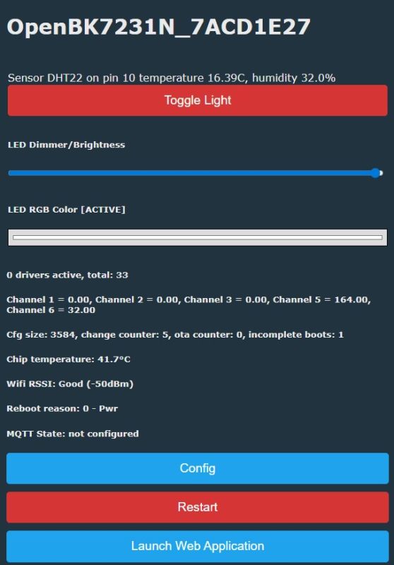 Screenshot of OpenBK7231N dashboard with Toggle Light button and DHT22 readings