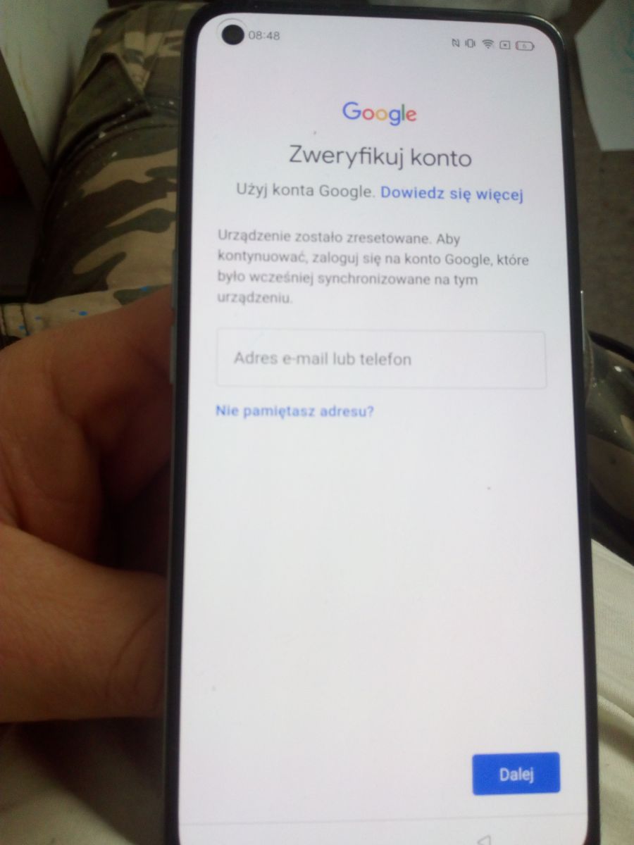 Telefon Realme 8 - zapomniane login i hasło konta Google po hard reset