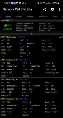 Zrzut ekranu z aplikacji Network Cell Info Lite pokazujący parametry sieci LTE.