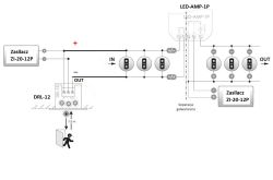 Schemat połączeń DRL-12, LED-AMP-1P i zasilaczy ZI-20-12P w instalacji LED