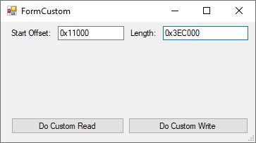 FormCustom Window – Custom Flash Read and Write FormCustom program window with Start Offset and Length fields, and Do Custom Read and Do Custom Write buttons.