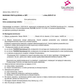 Dokument warunków przyłączenia do sieci TAURON dla domu jednorodzinnego z mocą 21,0 kW.