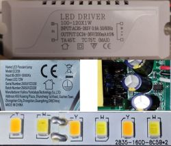 Zasilacz LED 100–120×1W, etykieta lampy 72W i taśma LED z diodami W i Y