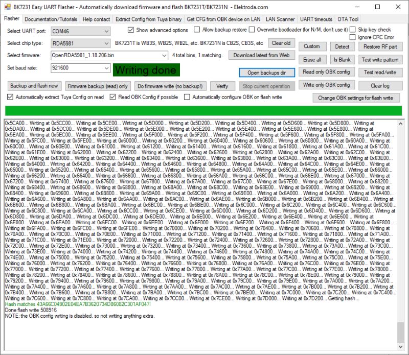 BK7231 Easy UART Flasher interface showing Writing done message