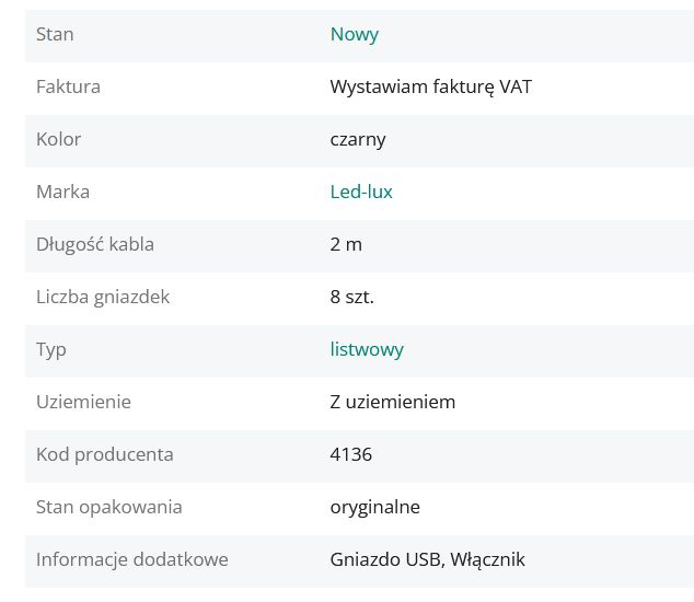 Tabela z danymi technicznymi czarnej listwy zasilającej Led-lux, 8 gniazdek, 2 m kabla, z uziemieniem.