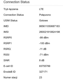 Zrzut ekranu z danymi stanu połączenia LTE przy użyciu routera.