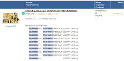 Zrzut ekranu oferty modułu zasilacza LG CRB35439501 z listą modeli 55UH668V i ceną netto