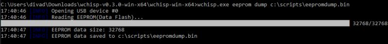 Screenshot of a console showing successful EEPROM dump using wchisp.exe.