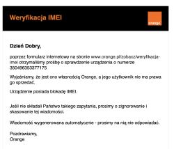 Komunikat Orange o blokadzie IMEI z informacją, że urządzenie jest ich własnością