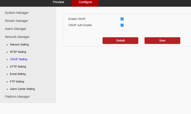 Zrzut ekranu ustawień ONVIF kamery IP