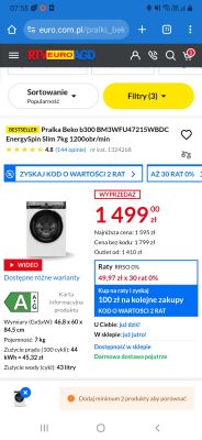 Strona produktu pralki Beko b300 z ceną, ocenami i danymi technicznymi.
