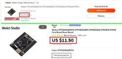Zrzut ekranu sklepu WeAct Studio: moduł STM32H562RGT6 z ceną 7,66 USD i 11,50 USD