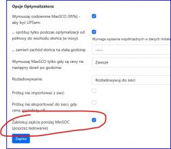 Zrzut ekranu opcji optymalizatora z zaznaczoną funkcją Zablokuj zejście poniżej MinSOC.
