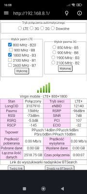 Ekran ustawień sieci LTE z zakresem 800 i 1800 MHz.