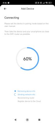 App screen showing device pairing progress with Wi-Fi, including a 60% circular progress bar.