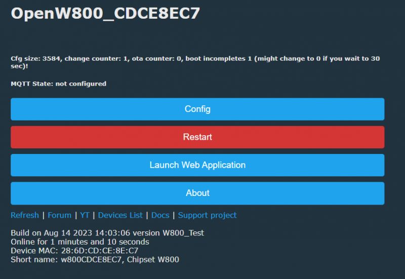 OpenW800_CDCE8EC7 user interface with navigation buttons.