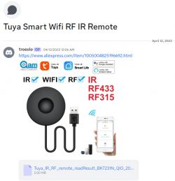 Image of a Tuya Smart WiFi RF IR remote with a USB cable, smartphone screen, and logos of compatible apps.
