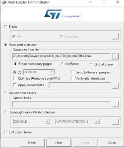 Flash Loader Demonstrator interface with selected .hex file download options.