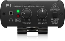 Przedni panel wzmacniacza słuchawkowego Behringer P1 z pokrętłami głośności i balansu oraz przełącznikiem stereo/mono.