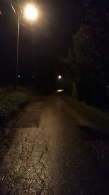 Nocna, mokra asfaltowa droga oświetlona żółtawym światłem latarni